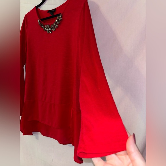 AB Studio Red Blouse with Embellished Neckline - Picture 6 of 11